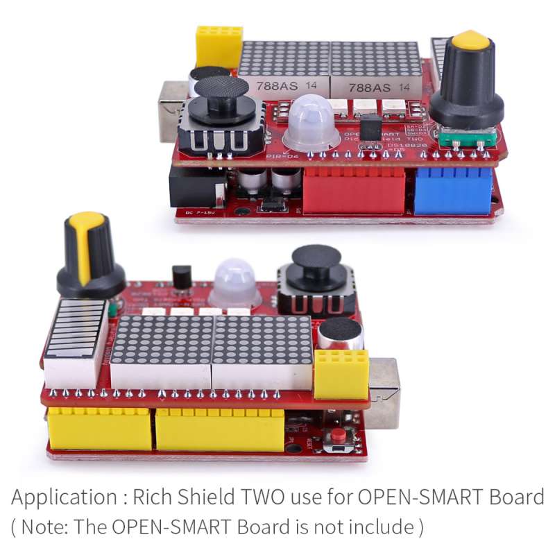 Shield monté sur Arduino avec affichage LED et joystick visible